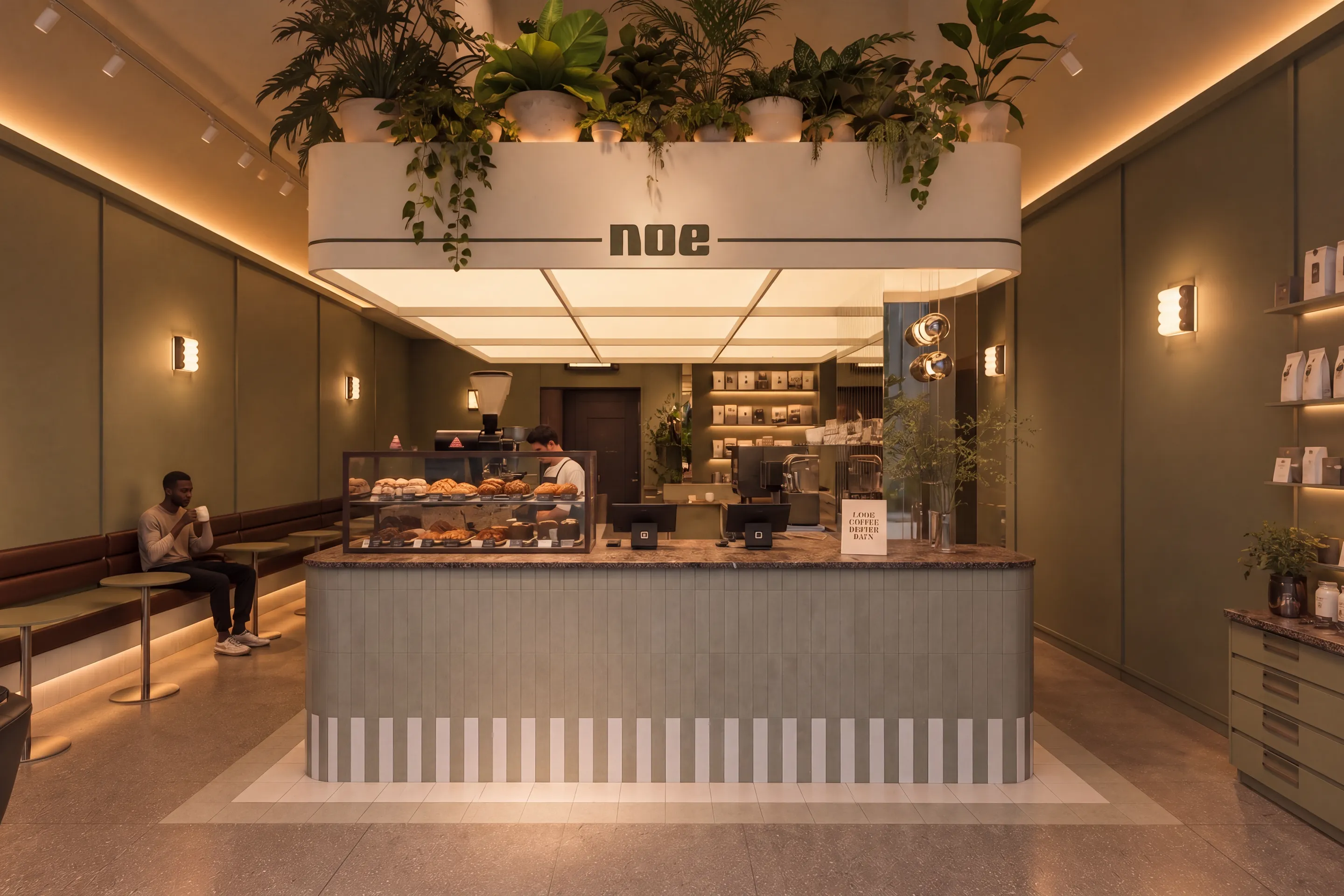 Nation of Earth no. 02, Richmond, from the door — the striped tile bar head-on under its planted canopy carrying the letters, pastries in the case, a guest on the bench at the left, the archive shelves to the right